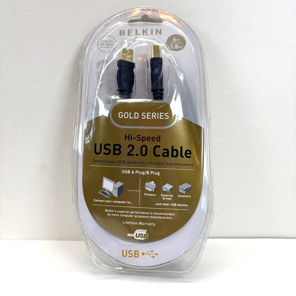 Belkin Hi-Speed USB 2.0 Cable Gold Series 6 FT 24k Gold Plated NEW SEALED-READ!!